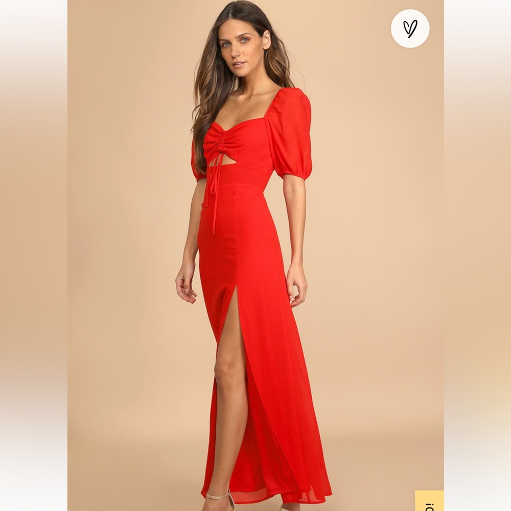 Lulus “True Romantic Red Ruched” Puff Sleeve Maxi Dress